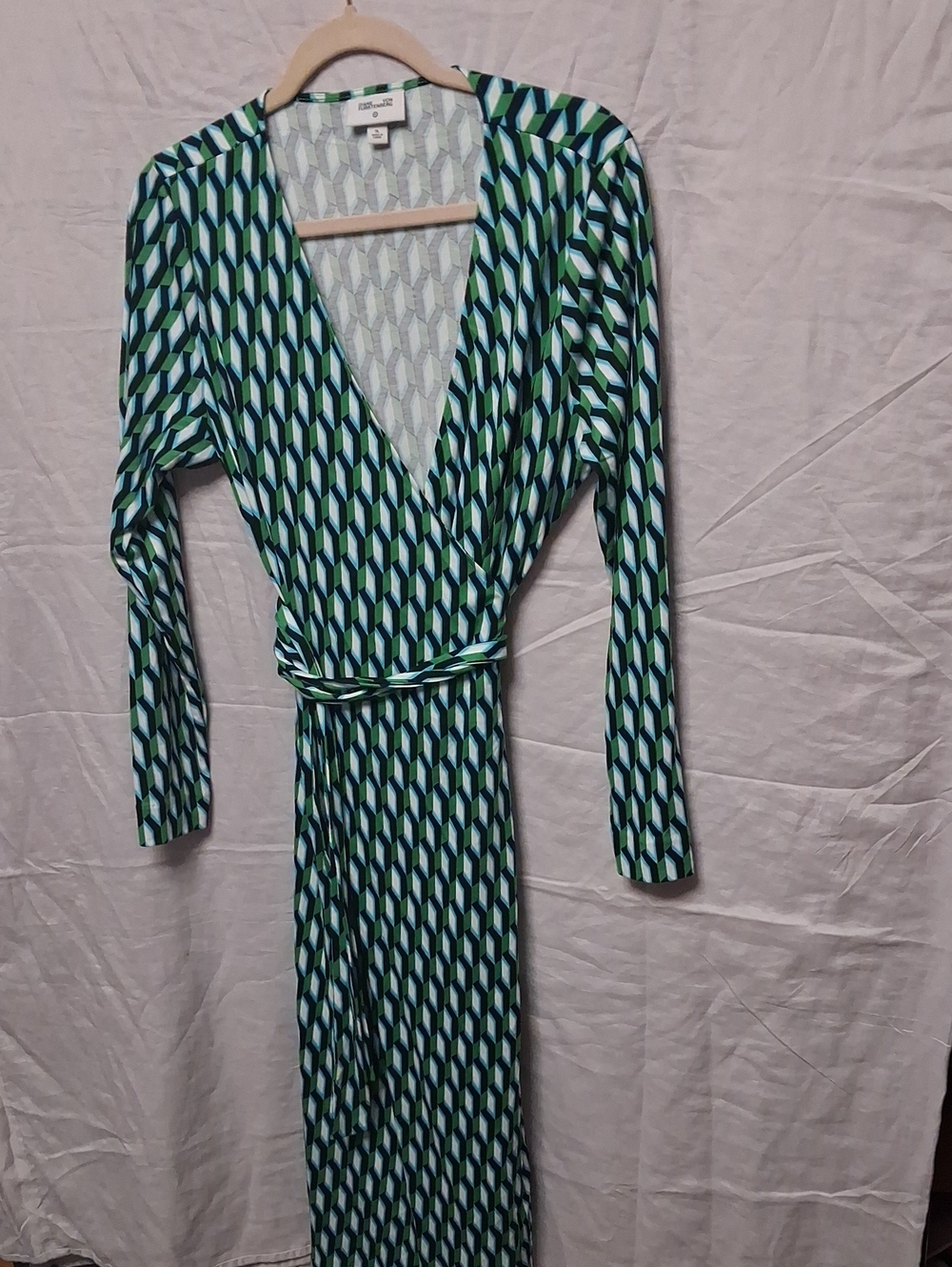 Diane Von Furstenberg Green Blue White Geometric Wrap Dress
